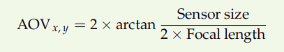 Formulas for calculating the viewing angle of a lens in the x and y directions